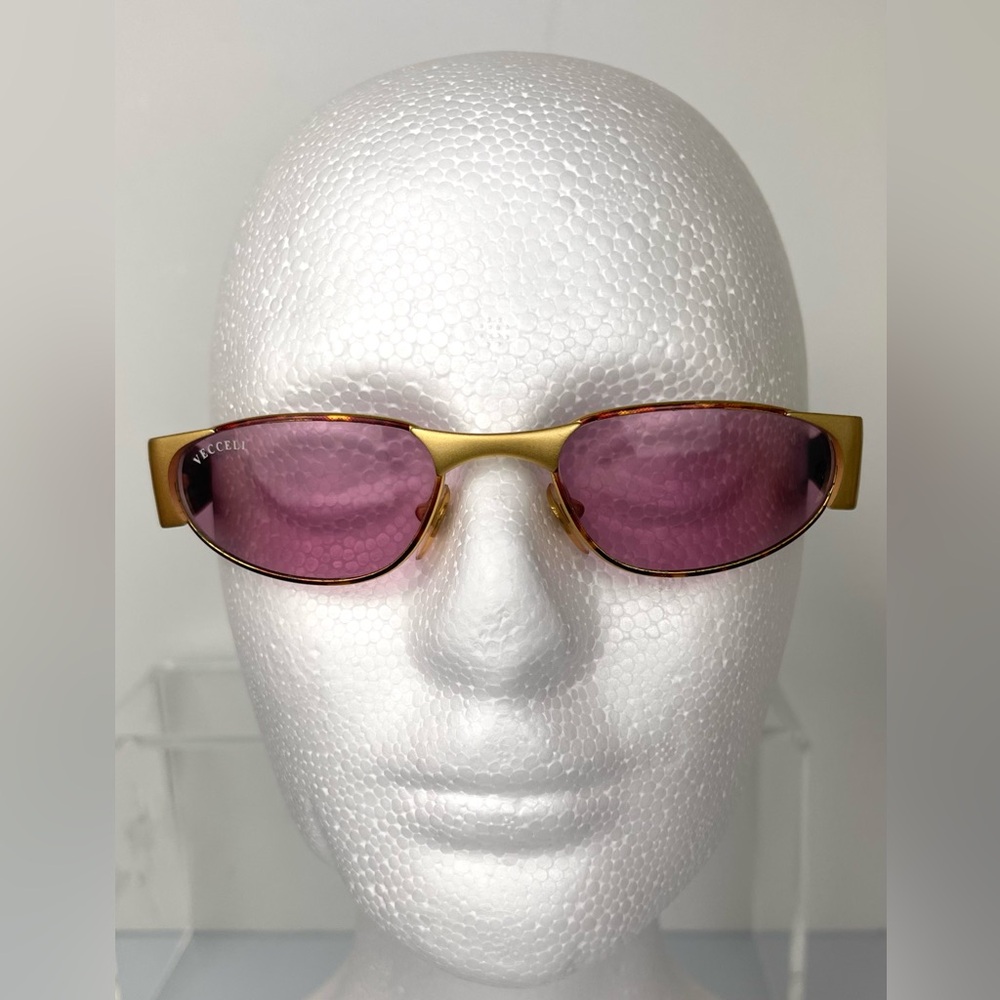 Vintage 90s Vecceli Italy Pink Lens Wrap Around Style Gold Women Sunglasses